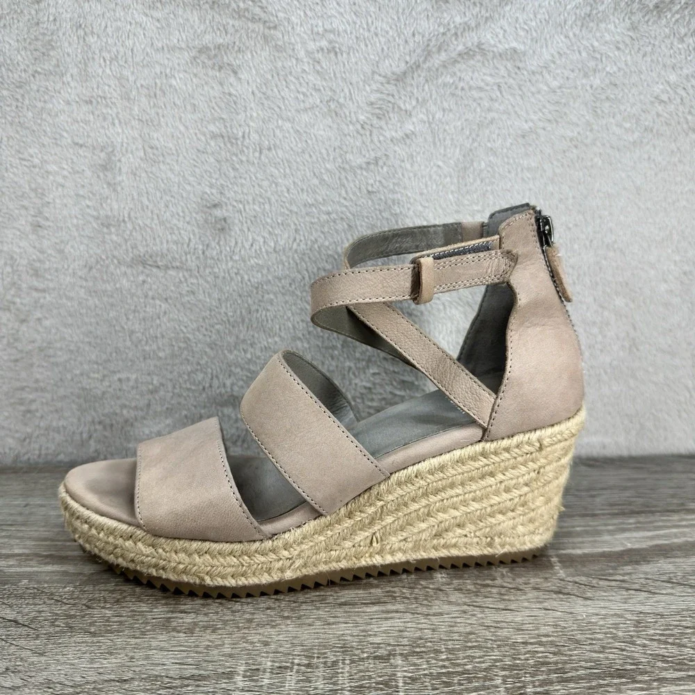 Eileen Fisher Wali Espadrille‎ Wedge Sandal Women's 6 Latte Beige Leather Resort
